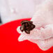 A person holding a chocolate frosting-covered object using an Ateco flat stainless steel flower nail.