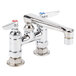 A chrome T&S deck-mounted faucet with two lever handles.