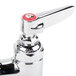 A chrome T&S deck-mounted faucet with lever handles.