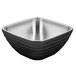 A silver square Vollrath double wall metal bowl with a black rim.