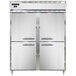 A white rectangular Continental reach-in refrigerator with two black half doors.