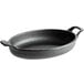 A black Valor cast iron oval casserole dish with handles.