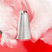 A hand holding an Ateco drop flower piping nozzle.