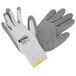A pair of gray gloves with gray polyurethane palms on a white background.