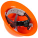 A Cordova orange hard hat with a black strap.