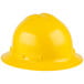 A close up of a Cordova Duo Safety Yellow hard hat with a 6-point ratchet suspension.