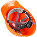 A Cordova orange hard hat with grey straps.