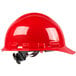 A Cordova red hard hat with a 4-point ratchet strap.