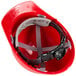 A Cordova red hard hat with a black strap.