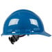 A blue Cordova Duo Safety hard hat with a black 6-point ratchet strap.