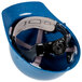 A Cordova blue hard hat with a black strap.