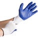 A pair of hands wearing blue and white Cordova work gloves.