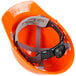 An orange Cordova hard hat with a ratchet strap.