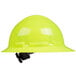 A green Cordova full-brim hard hat with a black suspension strap.