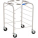 A stainless steel Vollrath mobile mixing bowl stand with black wheels.