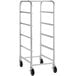 A silver metal Regency lug rack with four shelves on black wheels.
