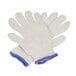 A pair of white Cordova jersey work gloves with blue trim.