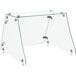 An Avantco flat glass sneeze guard with metal hinges over a table.