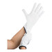 A pair of white nylon work gloves being worn on hands.