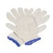 A pair of white Cordova polyester/cotton work gloves with blue trim.