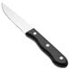 A Walco stainless steel steak knife with a black Delrin handle with white spots.