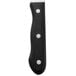 A close-up of a Walco stainless steel steak knife with a black Delrin handle with four holes in it.