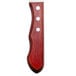 A close-up of the wooden handle of a Walco Big Red steak knife with three dots on it.