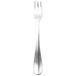 A silver fork with a black handle.