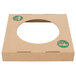 A white cardboard box with a cut out hole and a white circle with a brown circle on it.