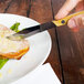 A person using a Walco stainless steel steak knife with a Pakka wood handle to cut meat on a plate.