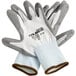 A pair of white Cordova warehouse gloves with gray polyurethane palms on a white background.