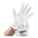 A pair of white cut-resistant work gloves with a polyurethane palm coating, labeled as Cordova Monarch brand.