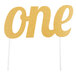 A gold glittered "One" cake topper on a white stick.