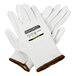 A pair of white cut-resistant gloves with brown trim and a polyurethane palm coating.