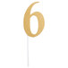 A gold glitter "6" cake topper on a stick.