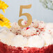 A white frosted cake with a gold glitter number 5 on top.