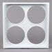 A white square object with four circular holes.