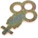 A metal key with two holes and a rectangular end.