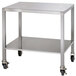 A stainless steel table with wheels designed for the Alto-Shaam Combitherm Mobile Open Front and Back Combi Oven.