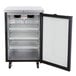 A Beverage-Air black back bar refrigerator with a glass door open.