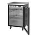 A black counter height back bar refrigerator with a glass door, two wire shelves, and caster wheels.