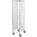 A Regency aluminum steam table pan rack with wheels.