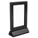 A black wooden rectangular framed white menu tent.