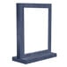 A blue rectangular wooden menu tent frame with a white screen.