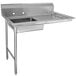 A stainless steel Advance Tabco undercounter dishtable with a sink on the left and a drain.