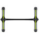 A FLAT Tech polished aluminum table base with black and yellow metal parts.