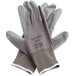 A pair of Cordova gray nylon gloves with gray polyurethane palm coating.