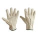 A pair of Cordova grain pigskin driver's gloves. White leather gloves with green trim on the cuffs.