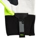 A close up of a Cordova OGRE lime green spandex glove with black and grey palm coating.