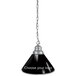 A black and silver pendant light with a white Holland Bar Stool logo.